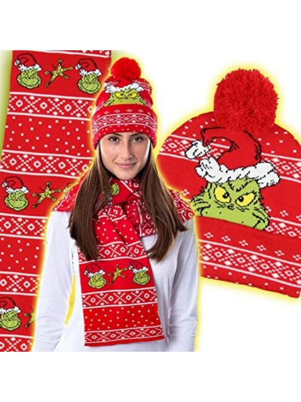 Cozy Knit Scarf & Pom Beanie Set - Festive Holiday Grinch Christmas Accessories